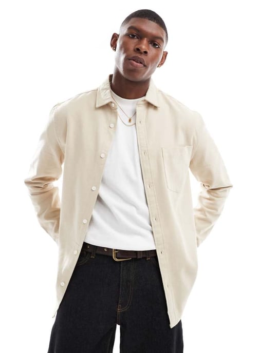 ASOS DESIGN borstad oxford vanlig skjorta i beige - Image 1