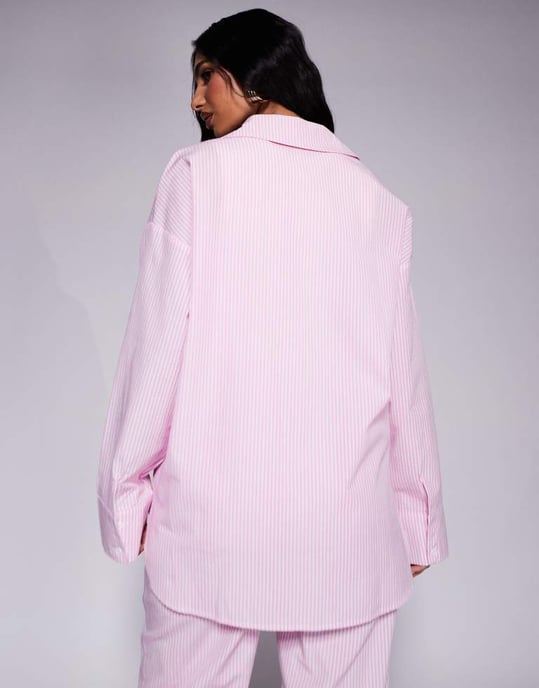 Kaiia exklusiv bomullsblandning oversized knäppbar poplin-skjorta koord i rosa rand - Image 3