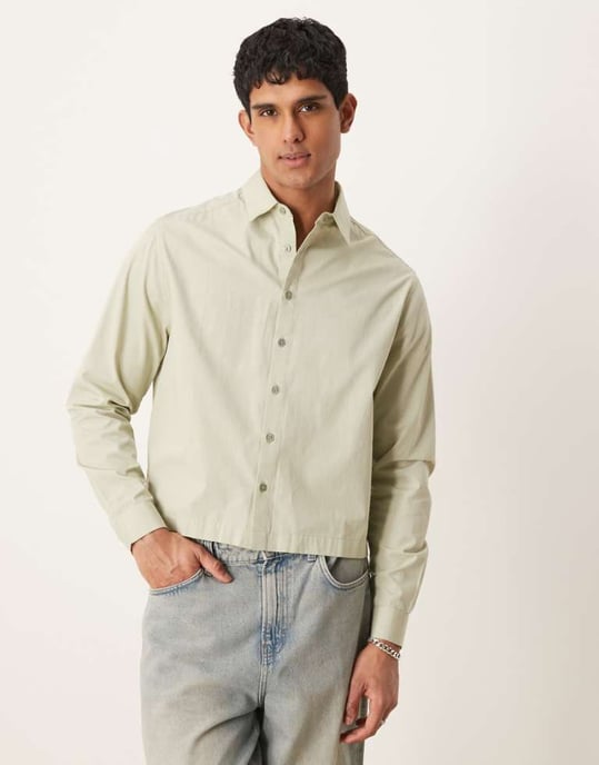 ASOS DESIGN boxy volym oversized poplin skjorta i salviagrön - Image 1