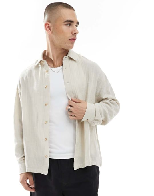 ASOS DESIGN cheesecloth textured regular shirt in stone - Image 1