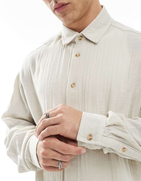 ASOS DESIGN cheesecloth textured regular shirt in stone - Image 2