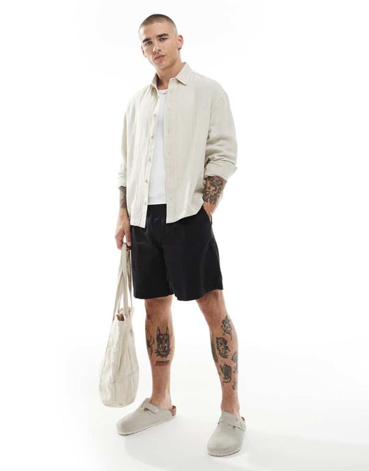 ASOS DESIGN cheesecloth textured regular shirt in stone - Image 3