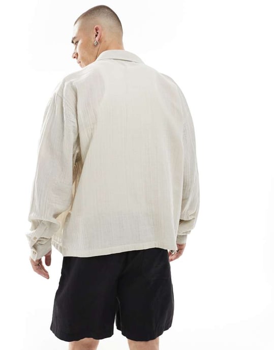 ASOS DESIGN cheesecloth textured regular shirt in stone - Image 4
