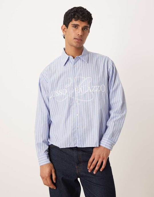 ASOS DESIGN boxy oversized striped shirt with embroidery in blue - Image 1