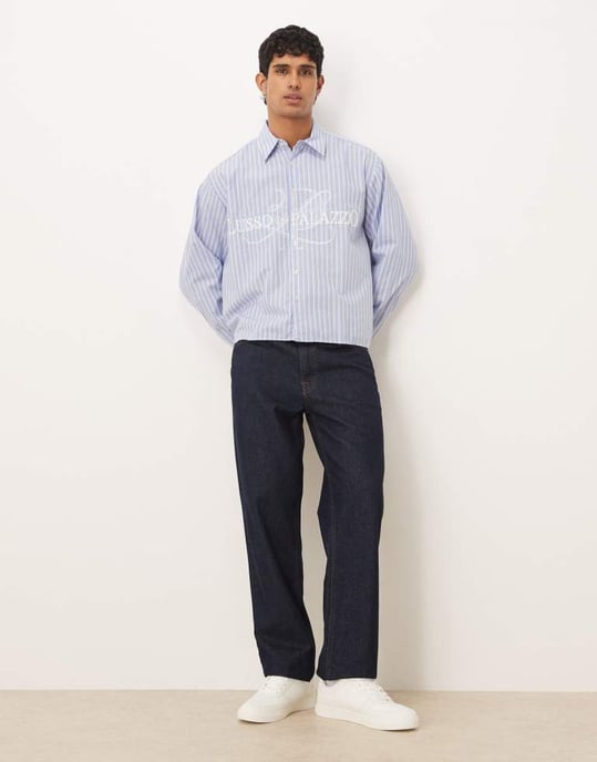 ASOS DESIGN boxy oversized striped shirt with embroidery in blue - Image 2