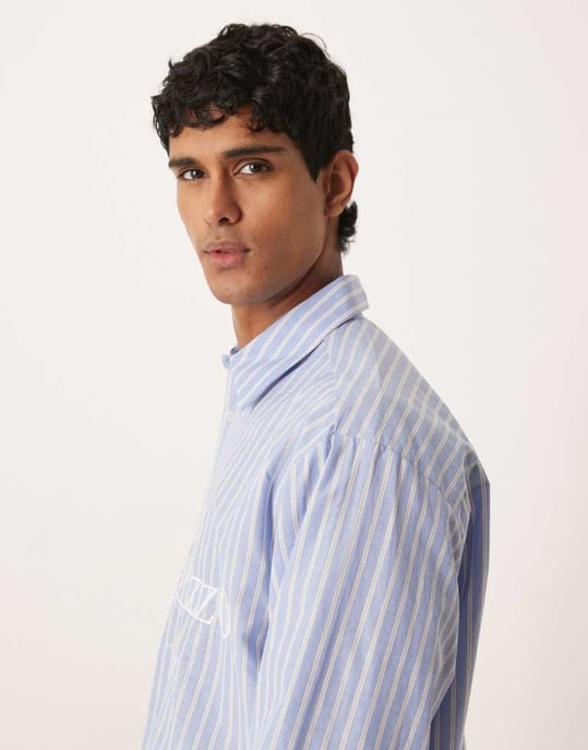 ASOS DESIGN boxy oversized striped shirt with embroidery in blue - Image 4