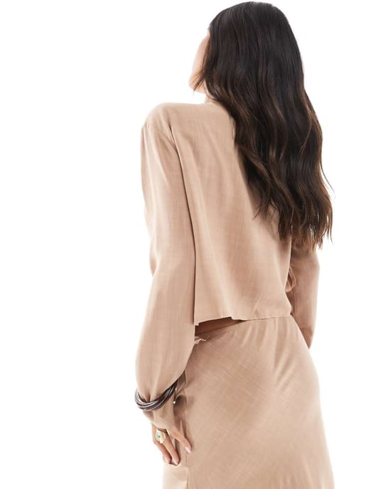 ASOS DESIGN linne-look kort koordinerad knapp-fram topp i sten - Image 4