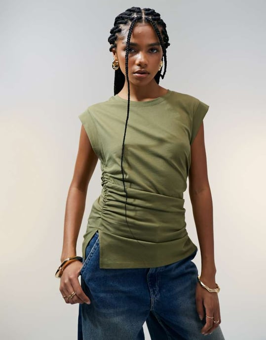 ASOS DESIGN corset waist sharp shoulder tank top in khaki - Image 1