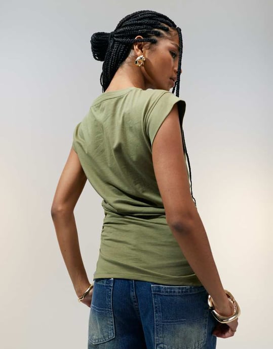ASOS DESIGN corset waist sharp shoulder tank top in khaki - Image 3