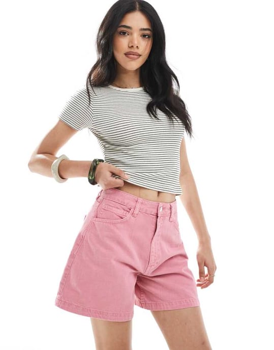 ASOS DESIGN denim långlinjig A-linjeformad shorts i rosa - Image 4