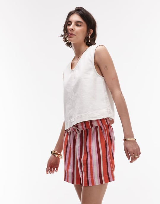 Topshop hög midja drachord linne short i rosa rand - Image 1