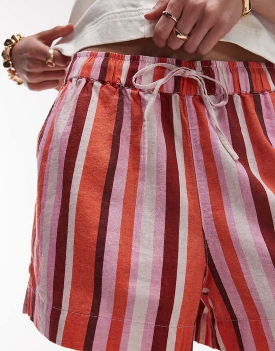 Topshop hög midja drachord linne short i rosa rand - Image 3