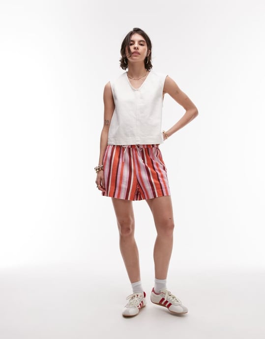 Topshop hög midja drachord linne short i rosa rand - Image 4