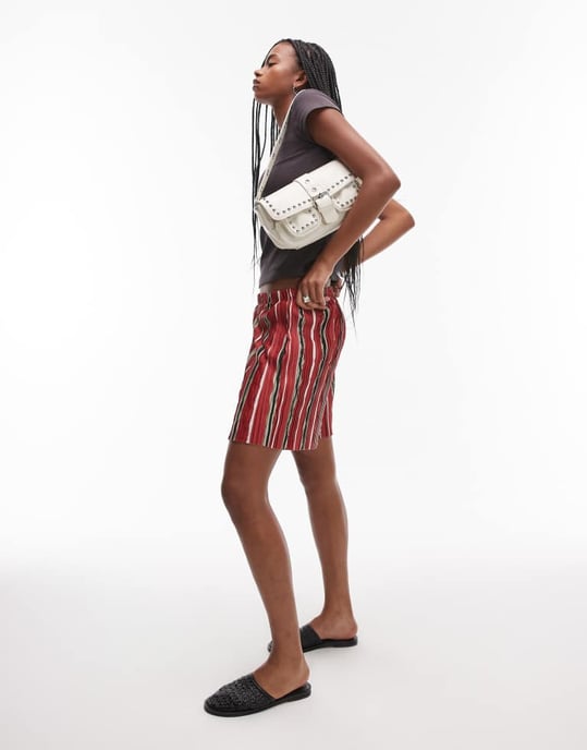 Topshop randig plisserad vida shorts i röd - Image 3