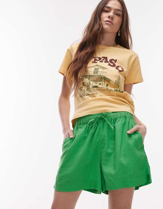 Topshop hög midja drawcord linne shorts i grön - Image 1