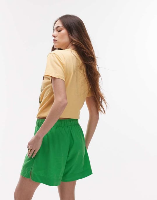 Topshop hög midja drawcord linne shorts i grön - Image 2