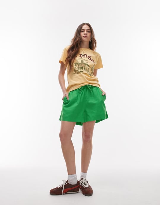 Topshop hög midja drawcord linne shorts i grön - Image 3