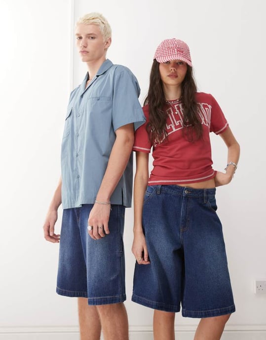 Återvunnen vintage unisex denim skate shorts i denimblå tvätt - Image 2