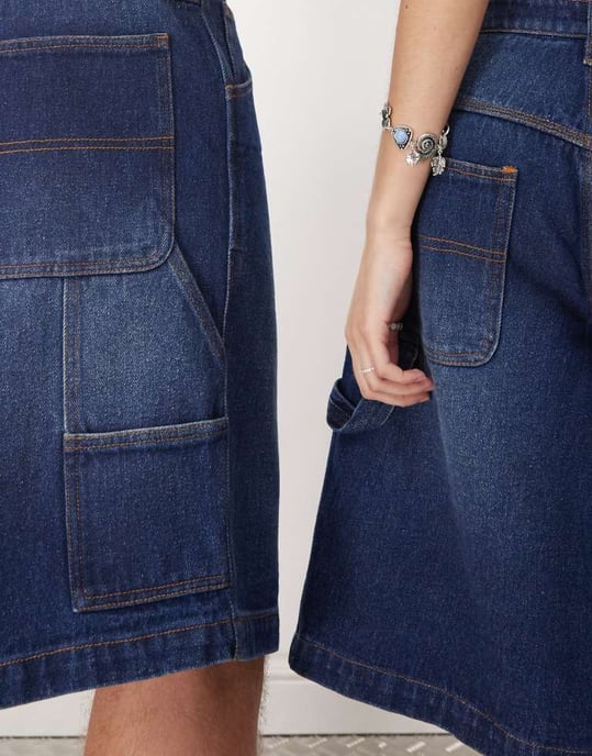 Återvunnen vintage unisex denim skate shorts i denimblå tvätt - Image 4
