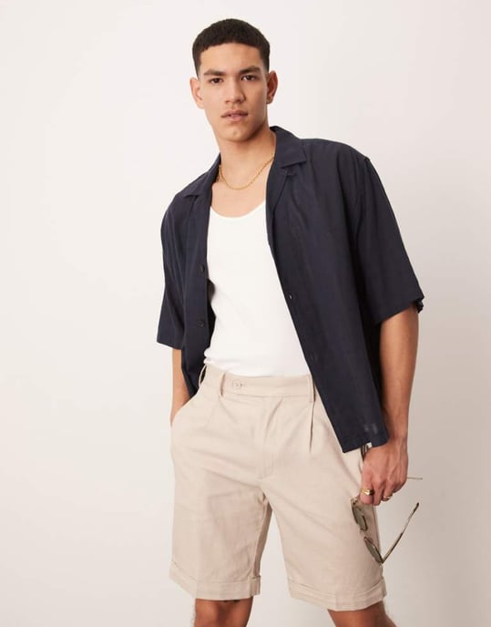 ASOS DESIGN smarta rak linneblandning chinoshorts med framfåll i sten - Image 1