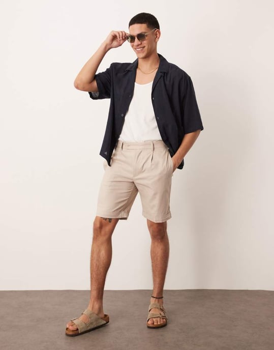 ASOS DESIGN smarta rak linneblandning chinoshorts med framfåll i sten - Image 2