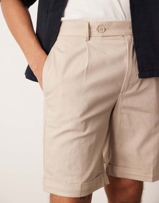 ASOS DESIGN smarta rak linneblandning chinoshorts med framfåll i sten - Image 3