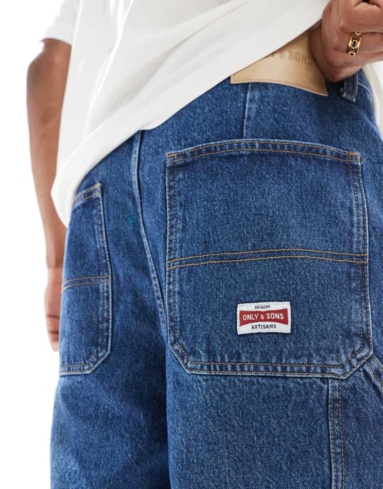 ONLY & SONS snickarjeansshorts i mellanblå denim - Image 4