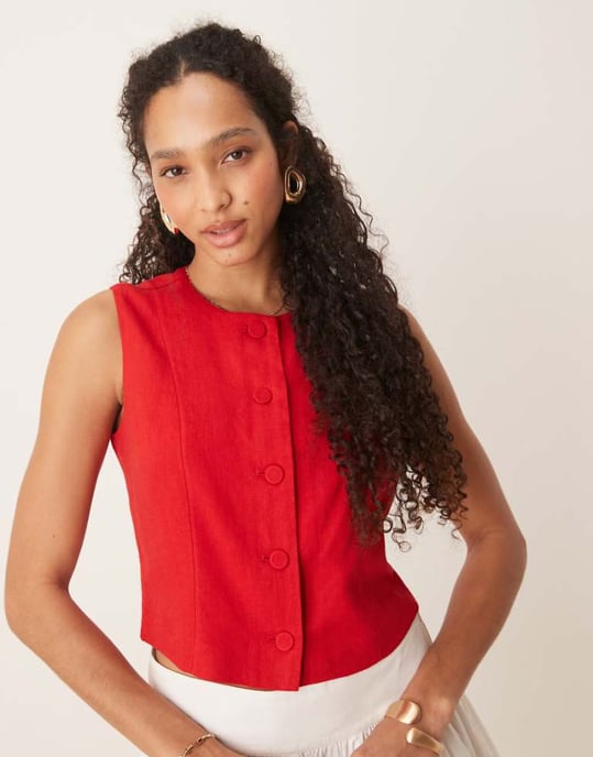 Abercrombie & Fitch linen high neck cropped vest in red - Image 1
