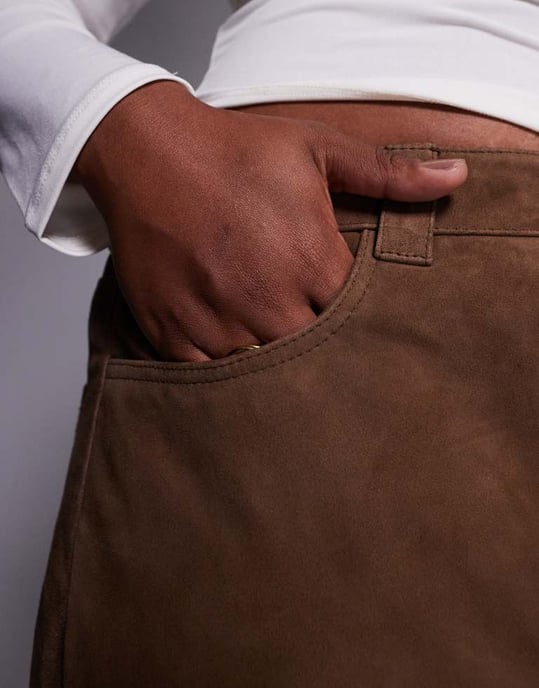 ASOS DESIGN Curve straight leg suede panelled trousers in mocha - Image 3