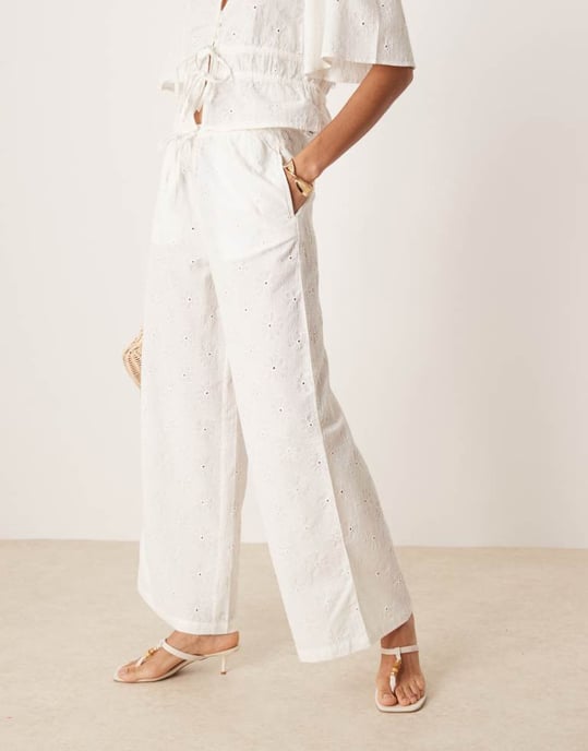 ASOS DESIGN pull on floral embroidery trousers co-ord in off white - Image 2