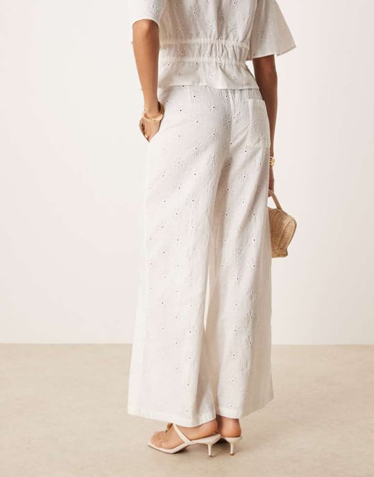 ASOS DESIGN pull on floral embroidery trousers co-ord in off white - Image 4