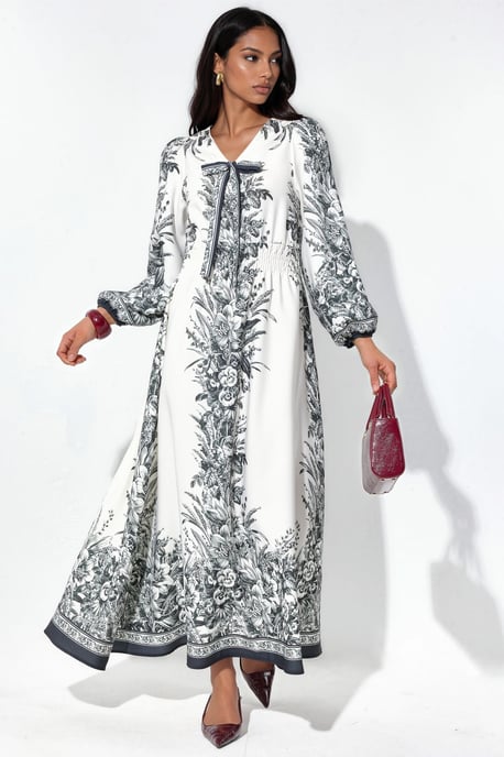 Geprinte V-hals Maxi-jurk met Strikdetail - Image 1