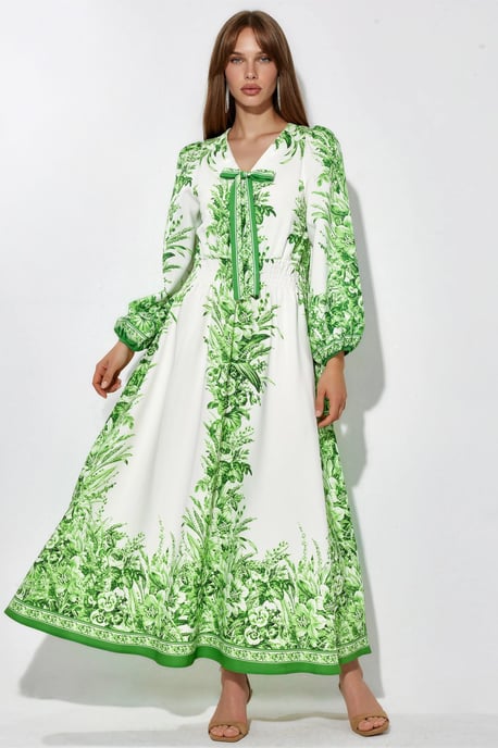 Geprinte V-hals Maxi Jurk Met Strikdetail - Image 1
