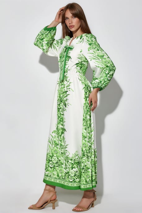 Geprinte V-hals Maxi Jurk Met Strikdetail - Image 2