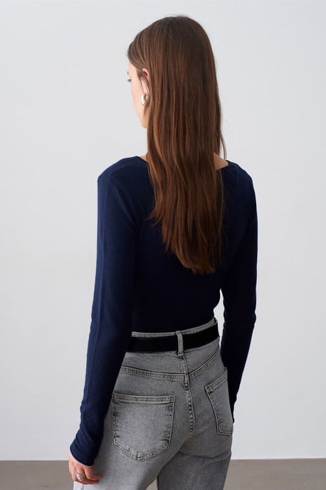 Slim Fit V-hals Geribbelde Gebreide Trui - Image 2