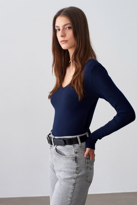 Slim Fit V-hals Geribbelde Gebreide Trui - Image 4