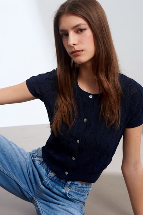 Dames Cropped Jacquard Knopen Cardigan - Image 1
