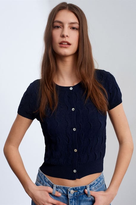 Dames Cropped Jacquard Knopen Cardigan - Image 3