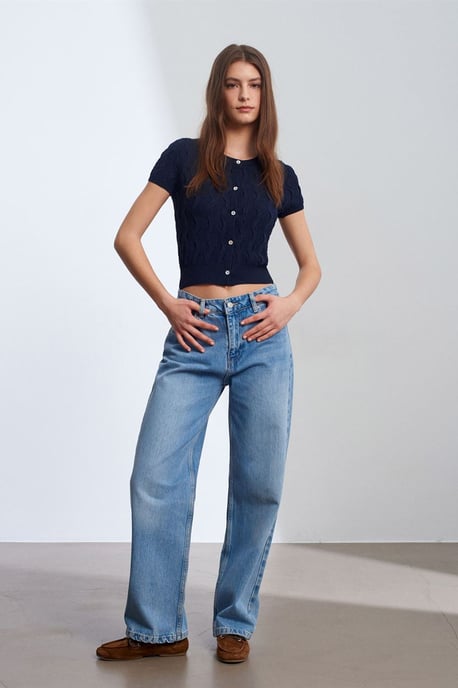 Dames Cropped Jacquard Knopen Cardigan - Image 4