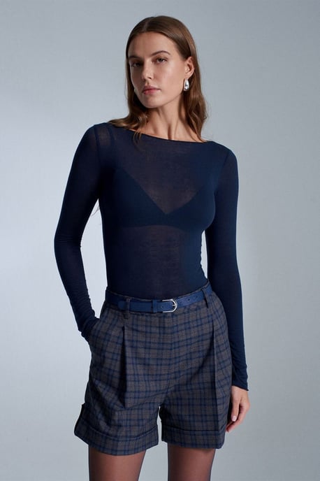 Slim Fit Boat Neck Long Sleeve Knit Blouse - Image 1