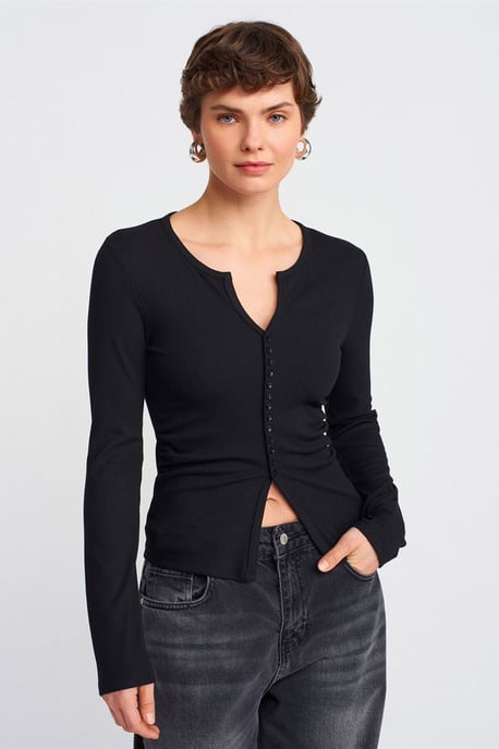 Slim Fit Geribbelde Blouse met Knopen aan de Voorkant - Image 1