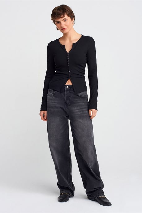Slim Fit Geribbelde Blouse met Knopen aan de Voorkant - Image 3