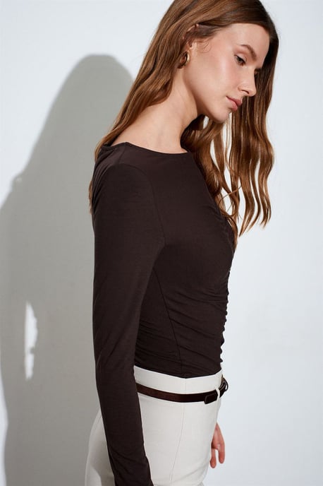 Slim Fit Båtkrage Blus med Långa Ärmar - Image 3
