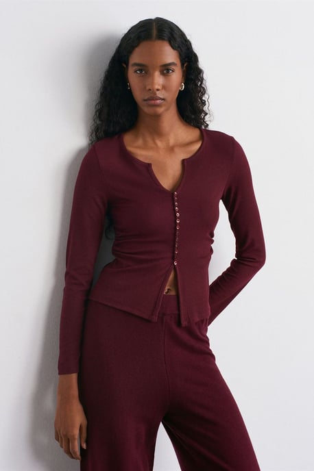 Slim Fit Geribbelde Blouse met Knopen aan de Voorkant - Image 3