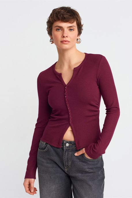 Slim Fit Geribbelde Blouse met Knopen aan de Voorkant - Image 1