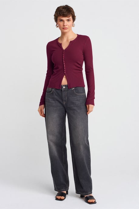 Slim Fit Geribbelde Blouse met Knopen aan de Voorkant - Image 3