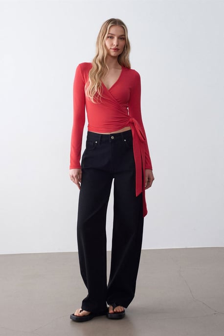Women’s Crop Wrap Blouse With Tie Detail - Image 4