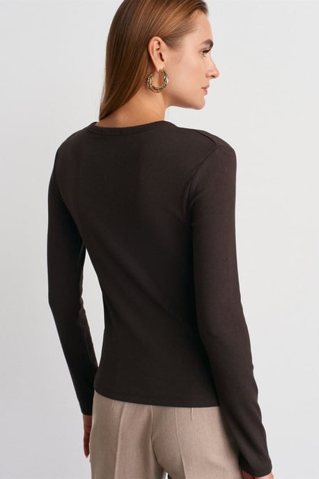 Ribbad Crew Neck Knappblus - Image 2