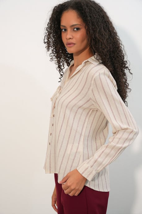 Gestreepte Linnenmix Shirt Met Strikdetail - Image 2