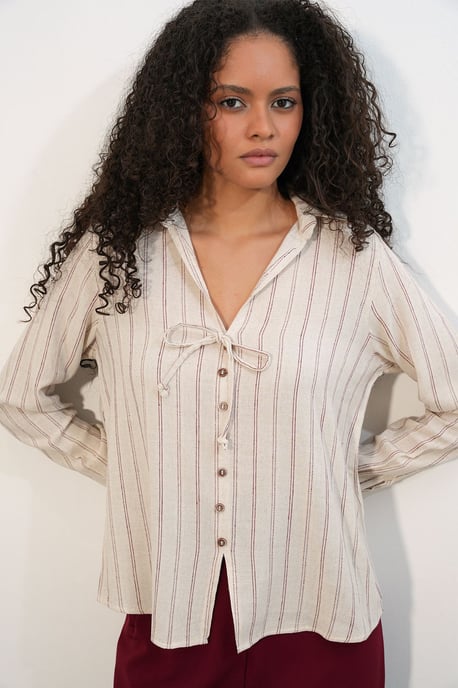 Gestreepte Linnenmix Shirt Met Strikdetail - Image 3